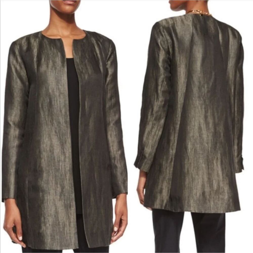 Eileen Fisher Linen Silk Herringbone Shadow Jacket Large Roundneck Swing Coat - Picture 3 of 12